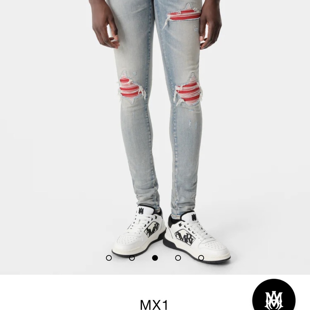 AMIRI Blue and Red Skinny Jeans with Distressed Details